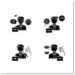 Effective communication glyph icons set.Ineffective, verbal, non verbal communication. Exchanging thoughts, knowledge in messages.Filled flat signs. Isolated silhouette vector illustrations
