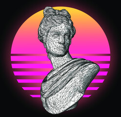 Retrofuturistic vaporwave style 3D illustration of a low poly Apollo Belvedere bust. Sci-fi retro aesthetics.