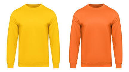 Yellow sweatshirt mockup. Pullover orange long sleeve, clipping path, isolated on white background. Template mens sweatshirt front for design and print