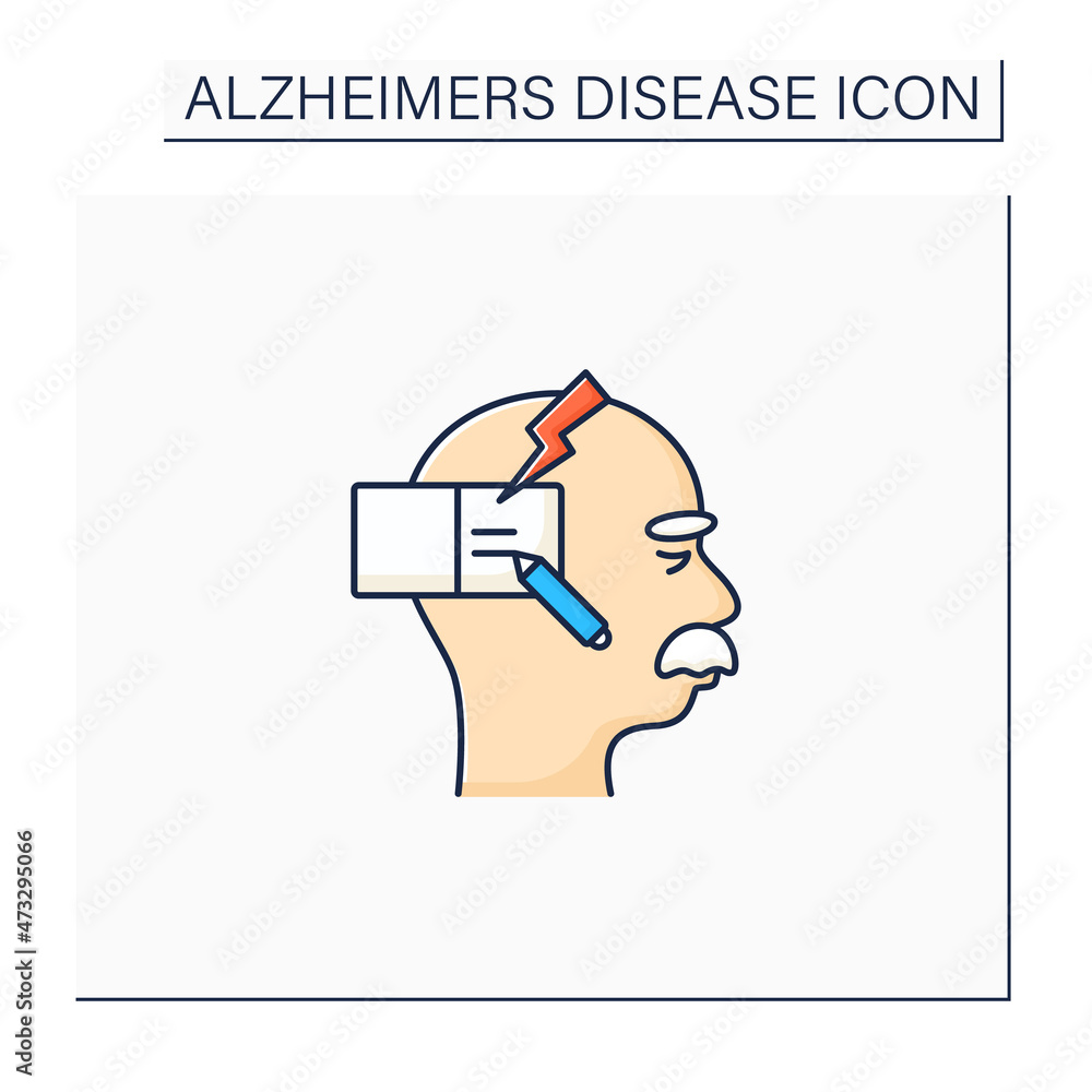 Poster writing problems color icon.writing gets progressively disorganized. alzheimer disease. neurologic d
