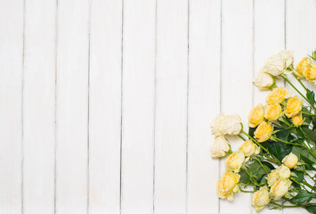 Yellow and white roses on white wooden background with copy-space.