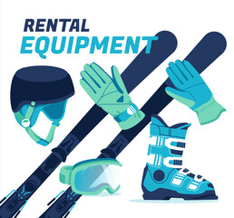 Skiing winter equipment set isolated on white background. Cartoon flat vector illustration
