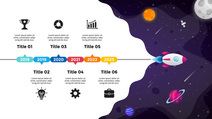 Universe background. Startup vector Infographic. Rocket launch into space. Presentation slide template. Business success diagram chart. 5 steps. © theseamuss