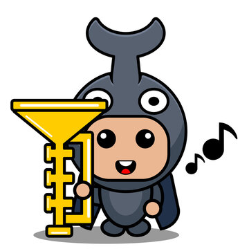 vector cartoon character cute horned beetle animal mascot costume musical instrument holding trumpet
