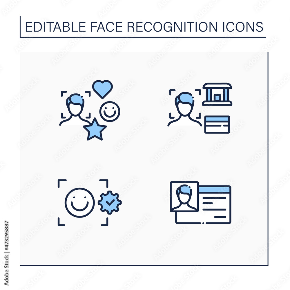 Poster face recognition line icons set.identification card, emotion reader. social media id, bank app.ident
