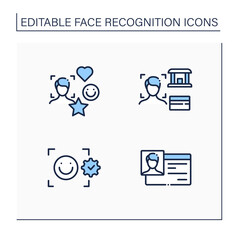 Face recognition line icons set.Identification card, emotion reader. Social media id, bank app.Identity detection concept. Isolated vector illustrations.Editable stroke
