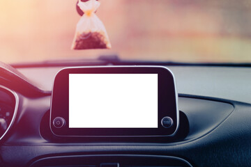 Empty car display, navigation, information. Car Radio. Modern in-car equipment for servicing the...