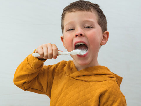 Boy brushing teeth in bathroom