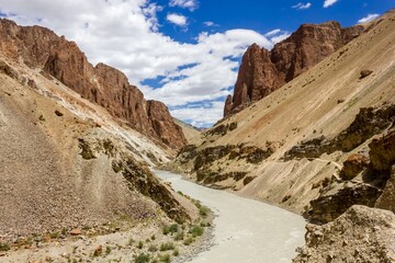 A river flowing through rocky canyons on the wilderness trek from Purne to the Phugtal monastery in the Zanskar valley in Ladakh in the Indian Himalaya.
