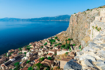Romantic fortified greek village on rock island Monemvasia, Peloponnese, Greece