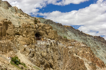 The ancient Tibetan Buddhist Phuktal monastery of on a steep rocky hillside in the Zanskar region...