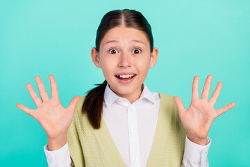 Photo of excited amazed crazy pupil lady funny sale reaction wear green top cardigan isolated teal...