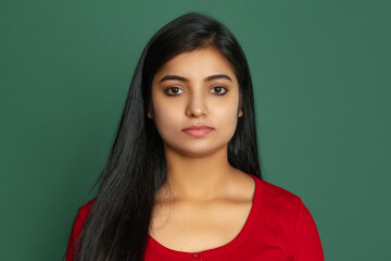 Fototapeta premium Close-up young beautiful serious girl, student looking at camera isolated on dark green studio backgroud