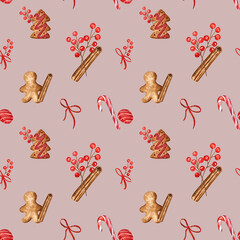 Christmas seamless pattern with gingerbread cookies, candy canes, cinnamons sticks, red berries. Watercolor hand drawn elements on warm gray background. For wrapping paper, fabric, stationery design.