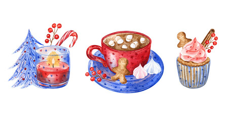 Christmas set of thee watercolor illustrations: candy with a Christmas tree and candy cane, cup of hot chocolate with marshmallow and gingerbread cookie, and cupcake with cookie and cinnamon stick.