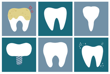 The World National International Dentist Day is March 6. Greeting card with healthy teeth, implants, caries. A beautiful poster with different teeth on a blue and emerald background.