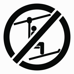 The ski lift icon is not working. The ski lift is closed for skiers. There is no ski slope. Skiers do not ride. Vector icon.