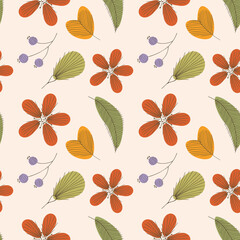 Botanical pattern, flowers and twigs in the style of doodling hand drawing.