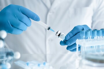 Fototapeta premium A vaccine against coronavirus collected into the syringe by a health worker or doctor in protective gloves