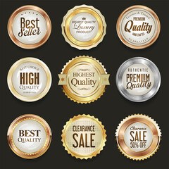 Collection of gold silver and bronze metallic badge and labels