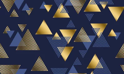 Zelfklevend Fotobehang Blauw goud Metallic en blauwe piramide driehoek vormen geometrische vector achtergrond vakantie ontwerp.