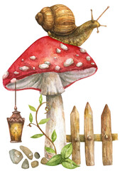 Watercolor illustrations of small houses and mushrooms of amanita in the forest isolated on white background. Rustic fairy-tale houses, lanterns in the forest surrounded by mushrooms, mosses and green