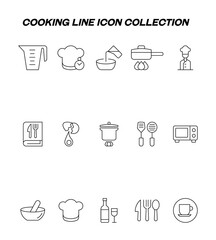 Industry concept. Collection of modern high quality cooking line icons. Editable stroke. Premium linear symbols of measuring cup, chefs hat, frying pan, recipe book, broken egg, microwave oven