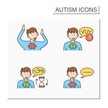 Autism spectrum disorder color icons set. Abnormal body posturing, voice tone, speaking problem, flat speech. Neurodevelopmental disorder concept. Isolated vector illustrations