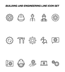 Industry concept. Collection of modern high quality building and engineering line icons. Editable stroke. Premium linear symbols of helmet, building constructor, mechanism, cogwheel