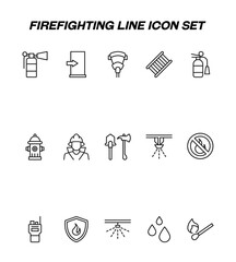 Industry concept. Collection of modern high quality fire protection line icons. Editable stroke. Premium linear symbols of fire extinguisher, shower, fire alarm, drops, match, fireman, fire escape