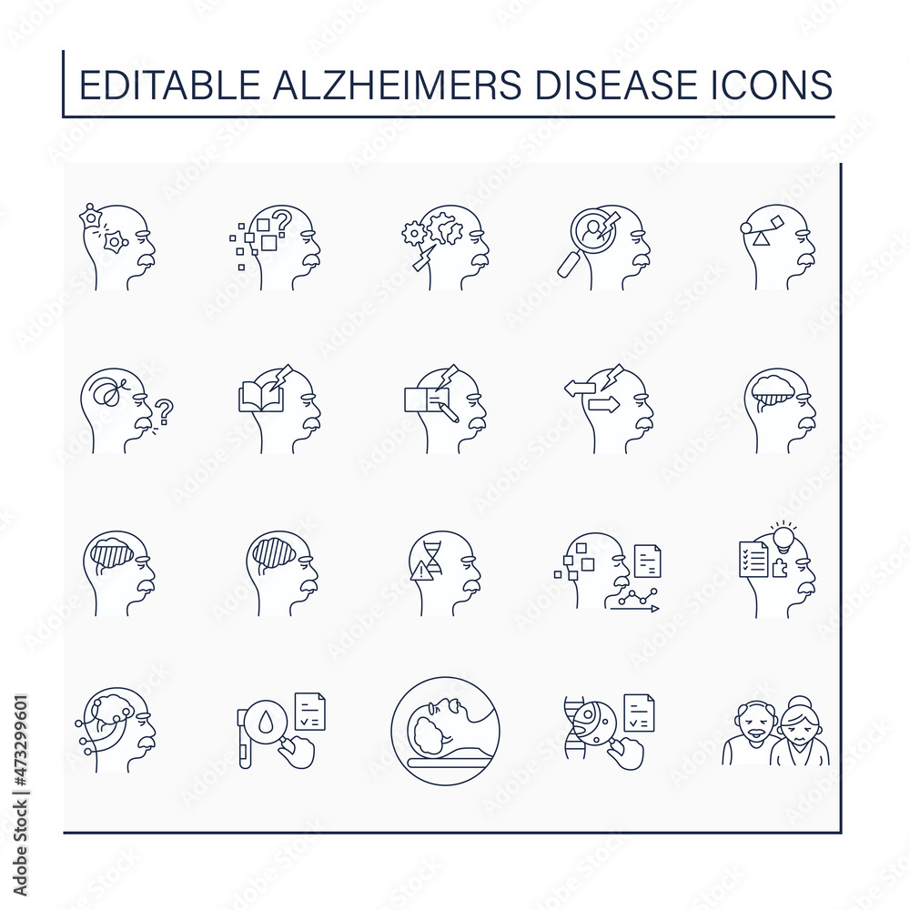 Poster alzheimer disease line icons set.memory loss, language problems, impulsive behaviour.neurologic diso