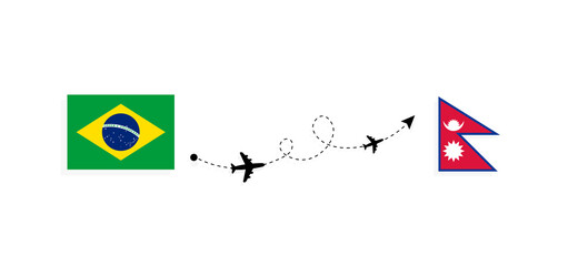 Flight and travel from Brazil to Nepal by passenger airplane Travel concept