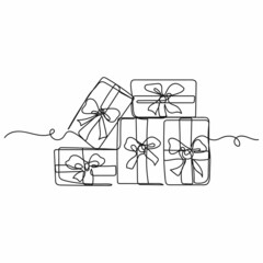 Vector abstract continuous one single simple line drawing icon of gift boxes with bows in silhouette sketch.