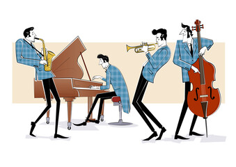Vector illustration of a Jazz band with double-bass, saxophon and piano