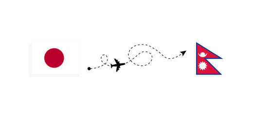 Flight and travel from Japan to Nepal by passenger airplane Travel concept