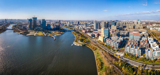 Naklejka premium Aerial photography of the city scenery of Qingdao High-tech Zone