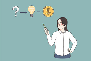 From question to making money concept. Young woman worker standing pointing at direction from question to great idea to making income profit vector illustration 