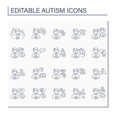 Autism spectrum disorder line icons set. Difficulties with social interaction,communication. Neurodevelopmental disorder concept. Isolated vector illustration. Editable stroke
