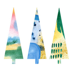 Christmas tree abstract watercolor art. Hand painted  forest set for winter card, birthday card, social media stories, stikers, banner.