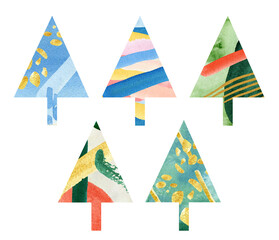 Christmas tree abstract watercolor art. Hand painted  forest set for winter card, birthday card, social media stories, stikers, banner.