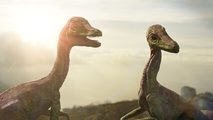 Compsognathus longipes couple, dinosaurs from the Late Jurassic period