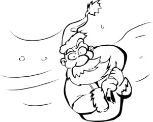 Santa Claus in a hat is holding a sack of presents on his shoulder and is trying to get through the snowstorm
