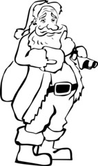 Santa in a coat and hat with a bag over his shoulder is trying to be quiet
