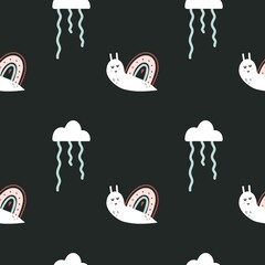 Cute snails seamless patter. Hand dawn garden characters with botanical elements, pastel colors, baby decor, kids nursery and clothes. Decor textile, wrapping paper wallpaper vector print or fabric