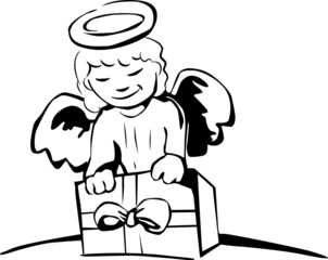 An angel with wings and a halo wraps a gift with a bow lying on the table
