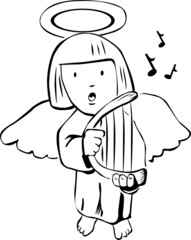 An angel with wings and a halo plays the harp and sings
