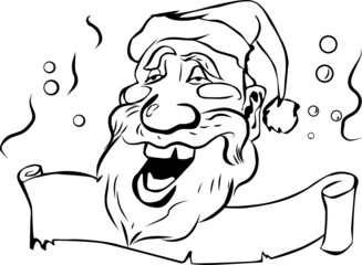 Obraz premium Drunk head of santa in a hat is above the scroll of paper 