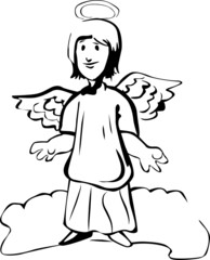 An angel with wings and a halo stands on a cloud with his arms outstretched
