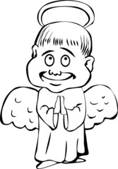 An angel with halo wings and a large head stands with folded hands

