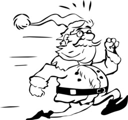 Santa in a hat, glasses and a coat runs quickly so as not to be late
